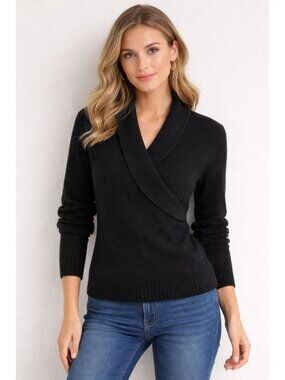 Sarah Spencer Black V Neck Long Sleeve Lambswool Sweater Size M Petite Preppy